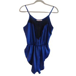 VINTAGE Quintanna Blue Satin Black Lace One Piece Lingerie Romper -  Size S